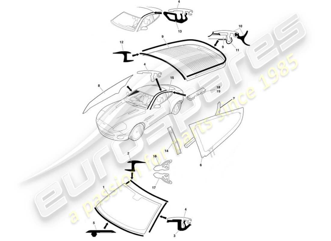 aston martin vanquish (2002) glass & finishers part diagram