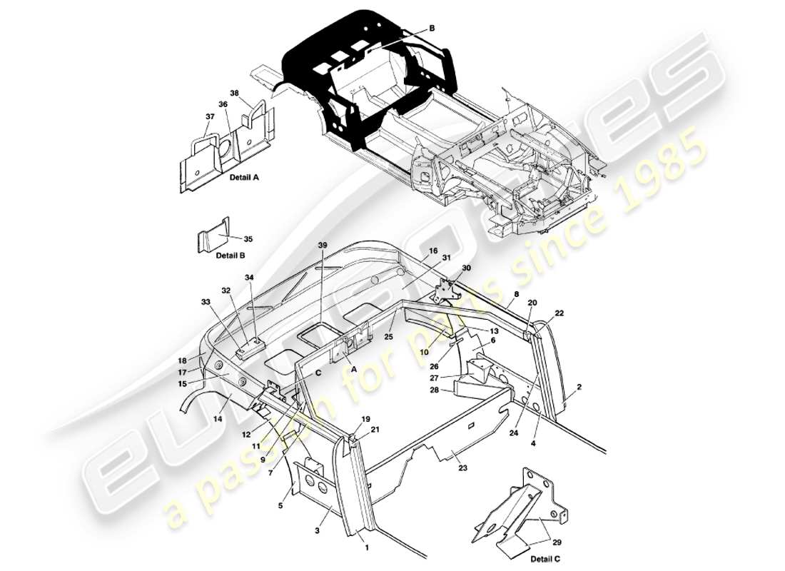 aston martin v8 volante (1999) rear structure part diagram