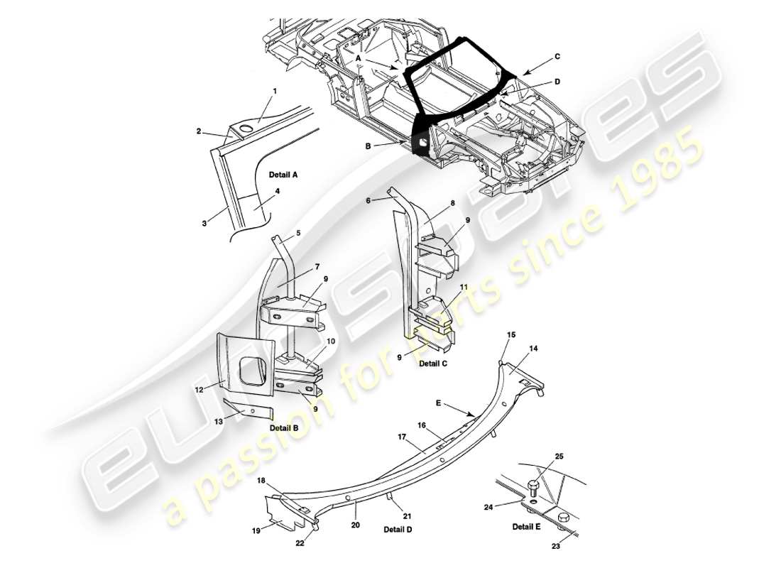 aston martin v8 volante (2000) superstructure part diagram