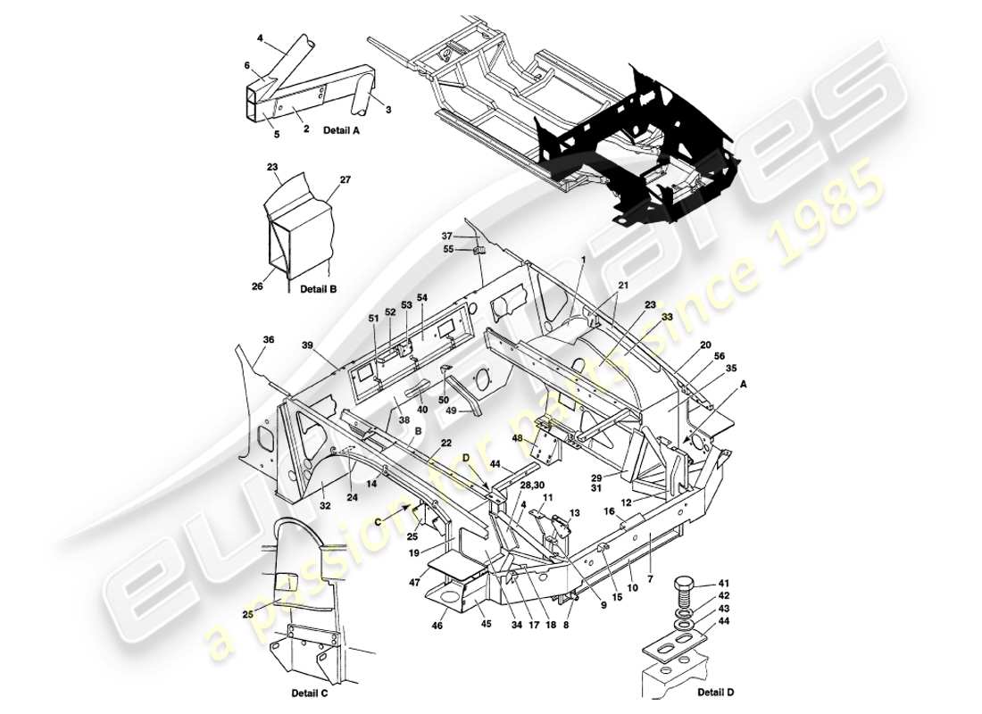 aston martin v8 volante (2000) front structure part diagram