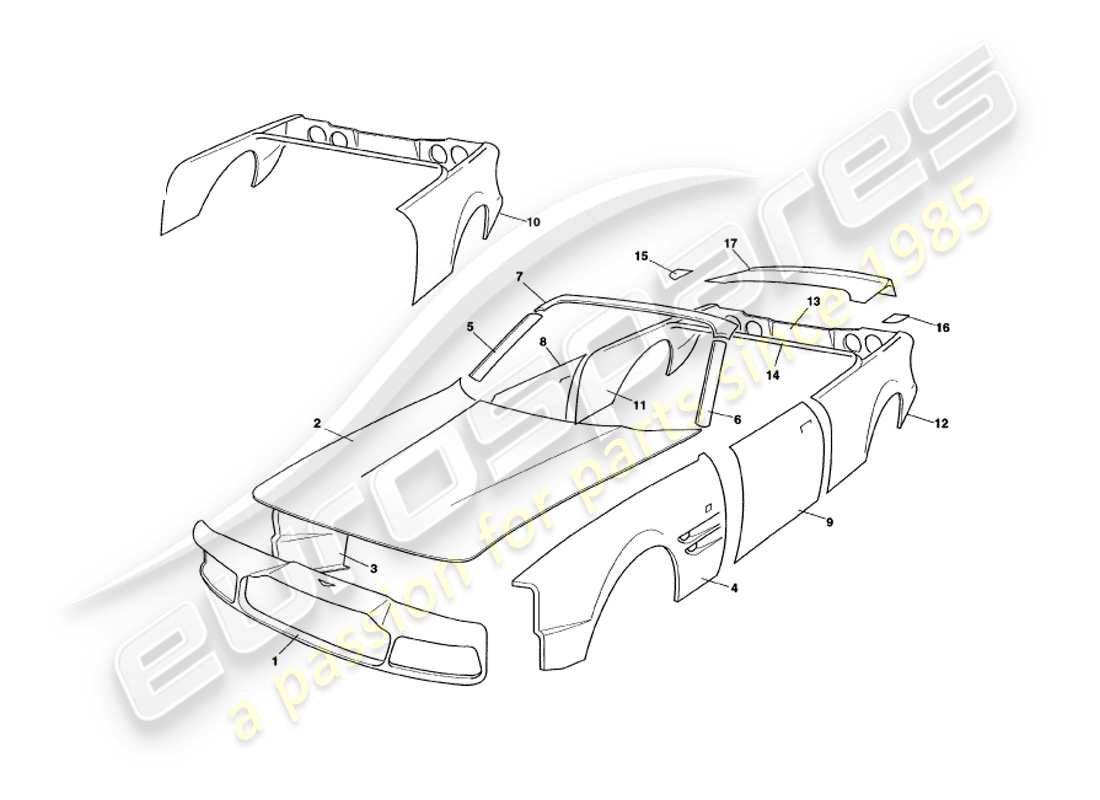 aston martin v8 volante (1997) body panels part diagram