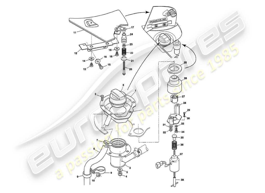 aston martin v8 volante (1997) fuel filler flaps part diagram