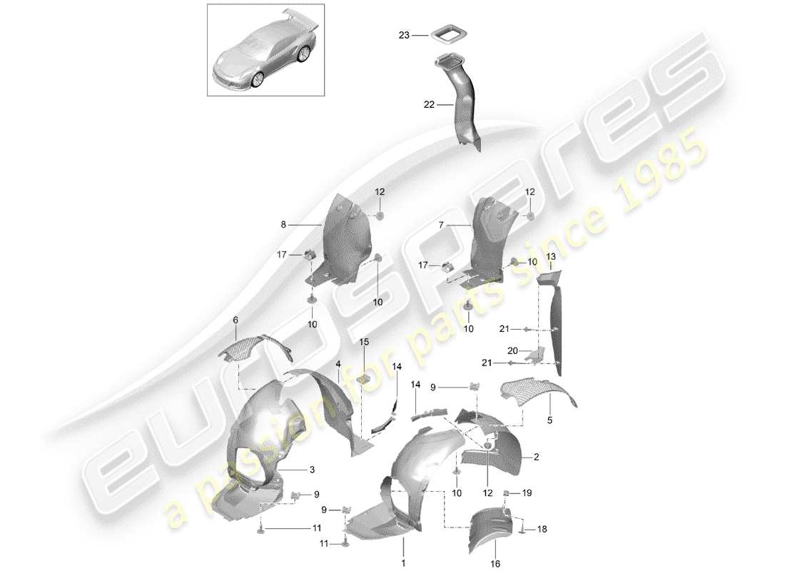 porsche 991r/gt3/rs (2020) wheelhouse protector parts diagram