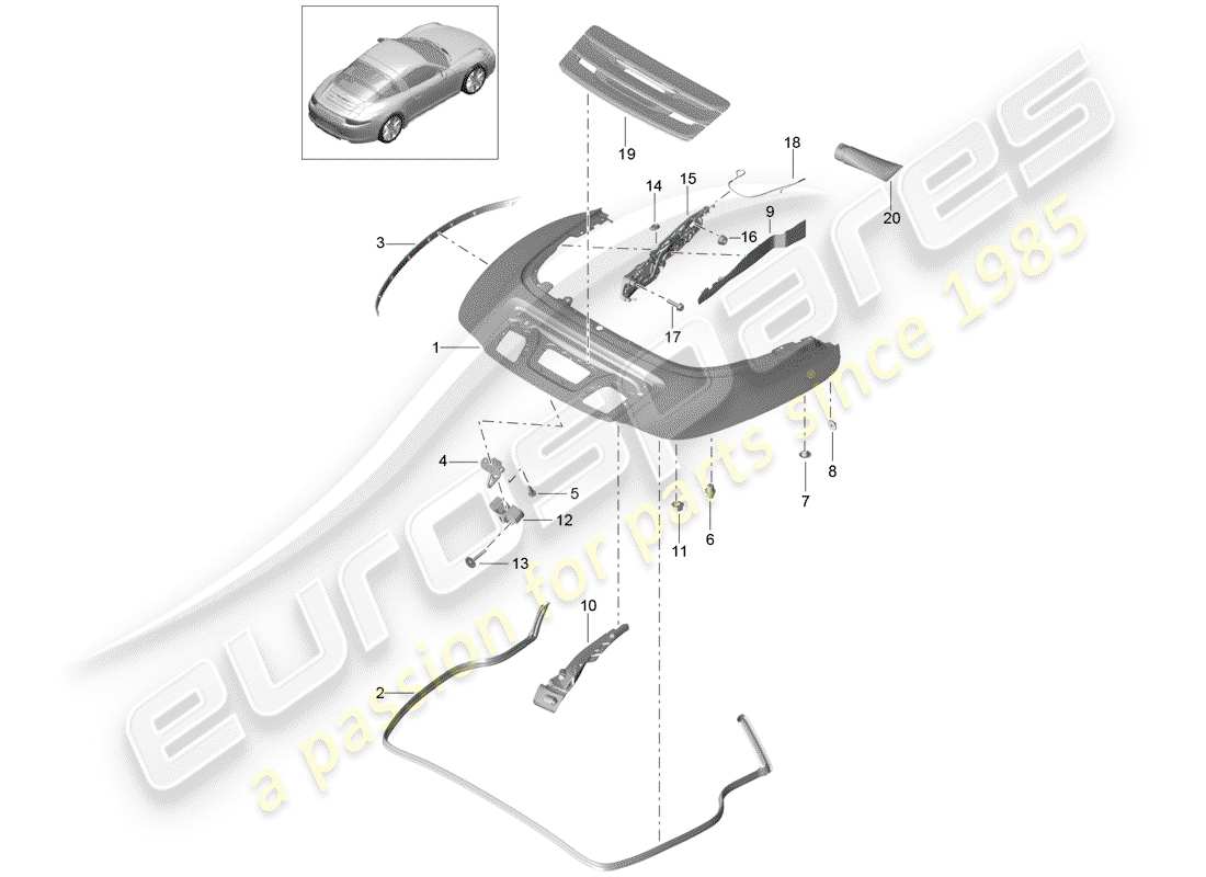 porsche 991 (2014) top stowage box parts diagram