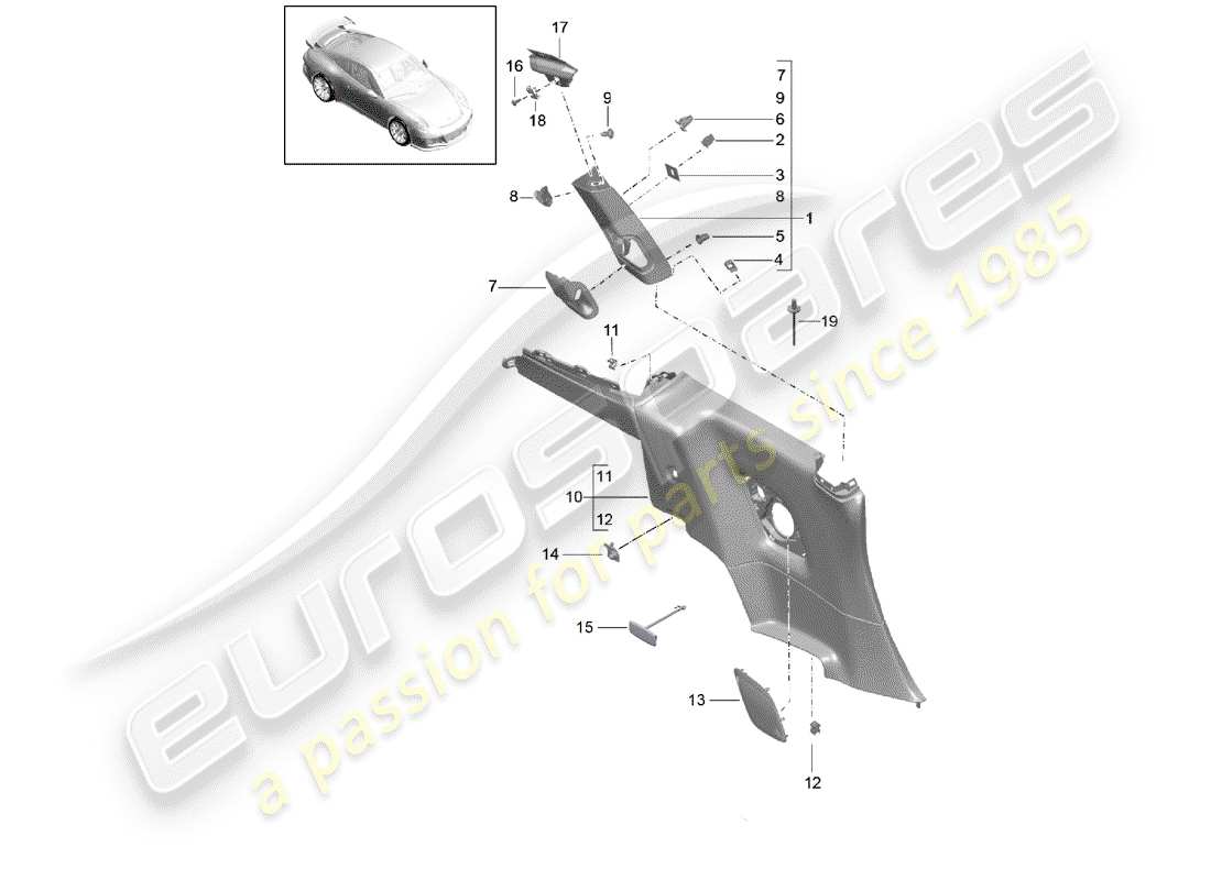 porsche 2020 (991-2 r/gt3/rs) quarter trim panel part diagram