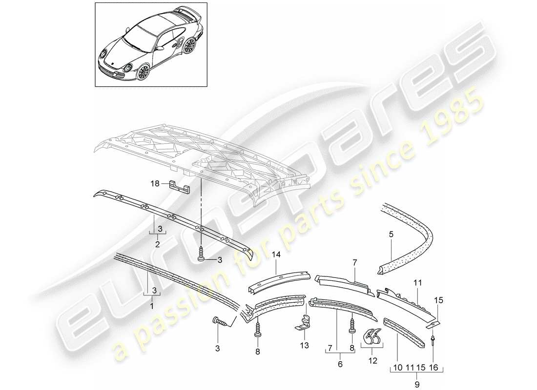 porsche 997 t/gt2 (2008) convertible top part diagram