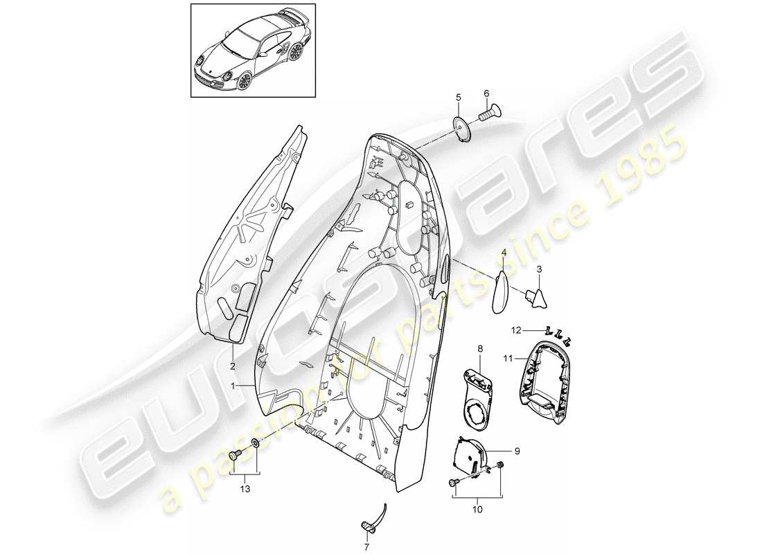 porsche 2008 (997-1 turbo / gt2) backrest shell parts diagram