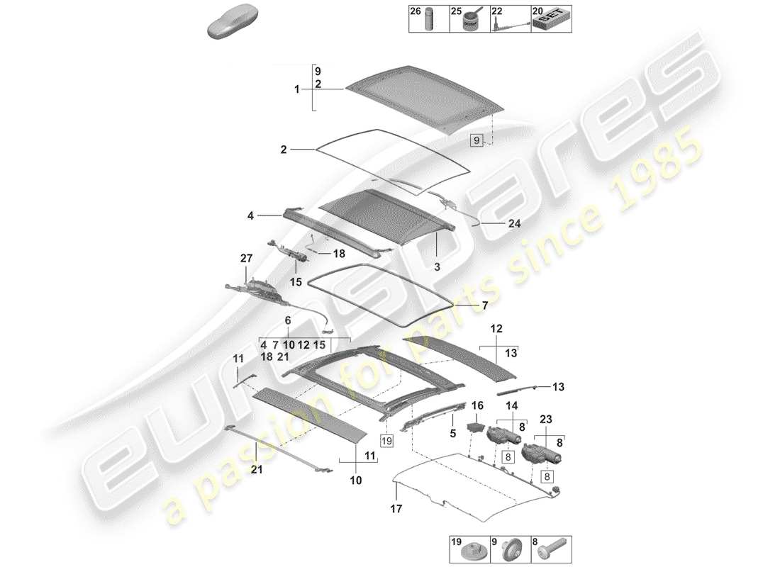 porsche 2019 (992-1) glass sunroof parts diagram
