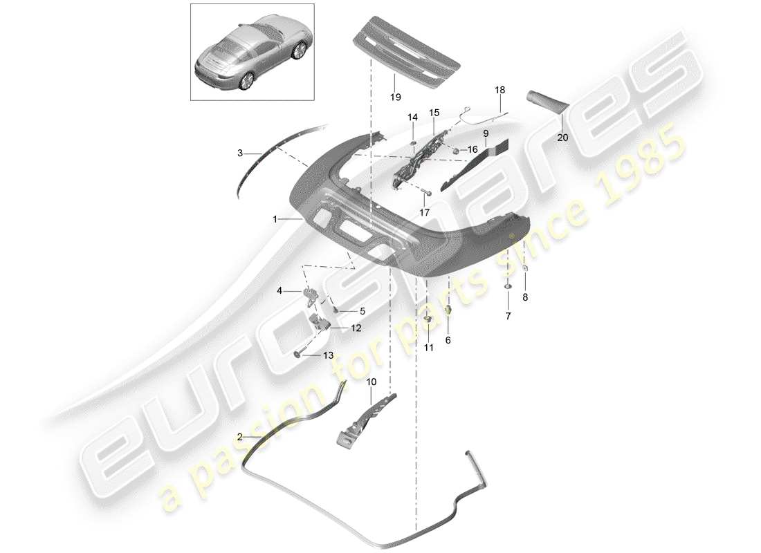 porsche 2012 (991-1) top stowage box part diagram