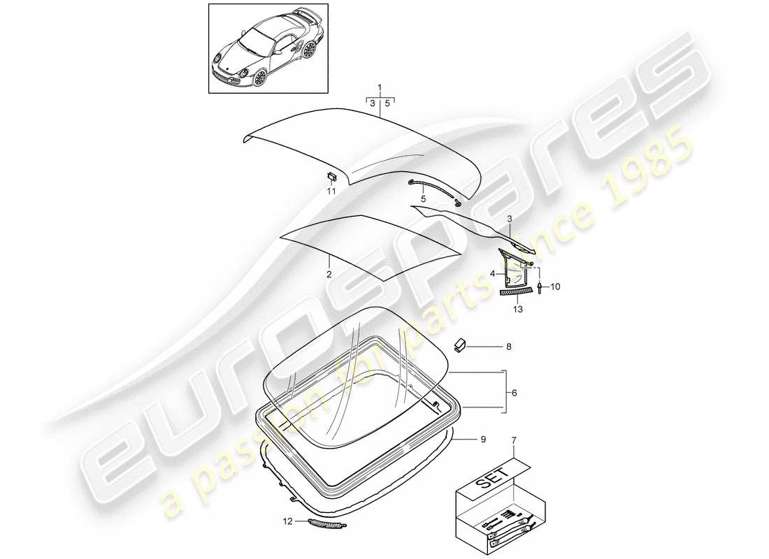 porsche 2012 (997-2 turbo / gt2 rs) convertible top covering part diagram