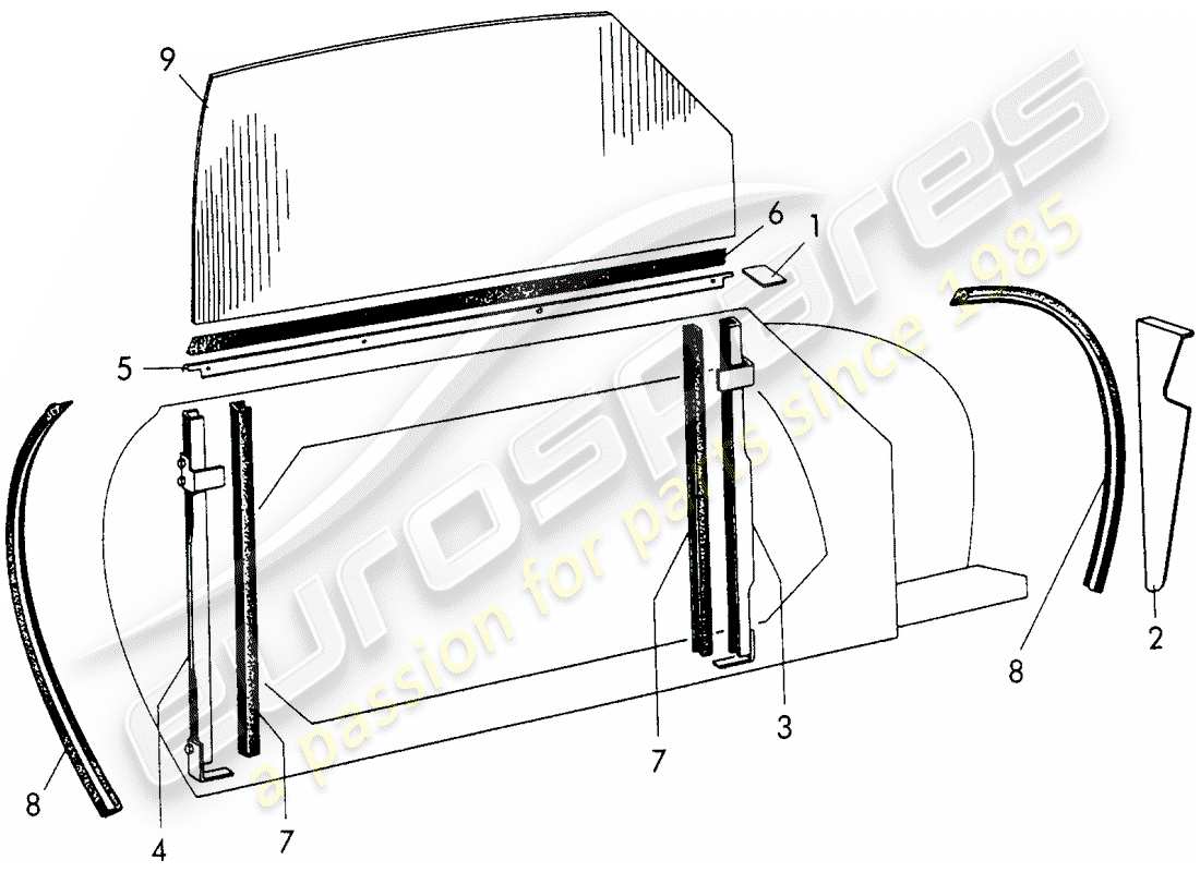 porsche 1955 (356/356a) door window parts diagram