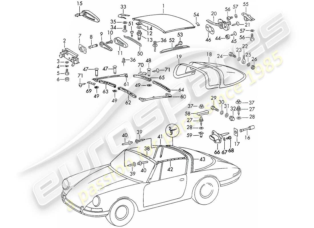 porsche 1973 (911) roof part diagram