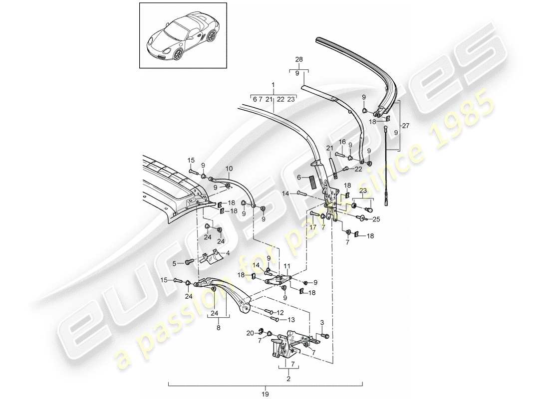 porsche 2007 (987 boxster) top frame part diagram