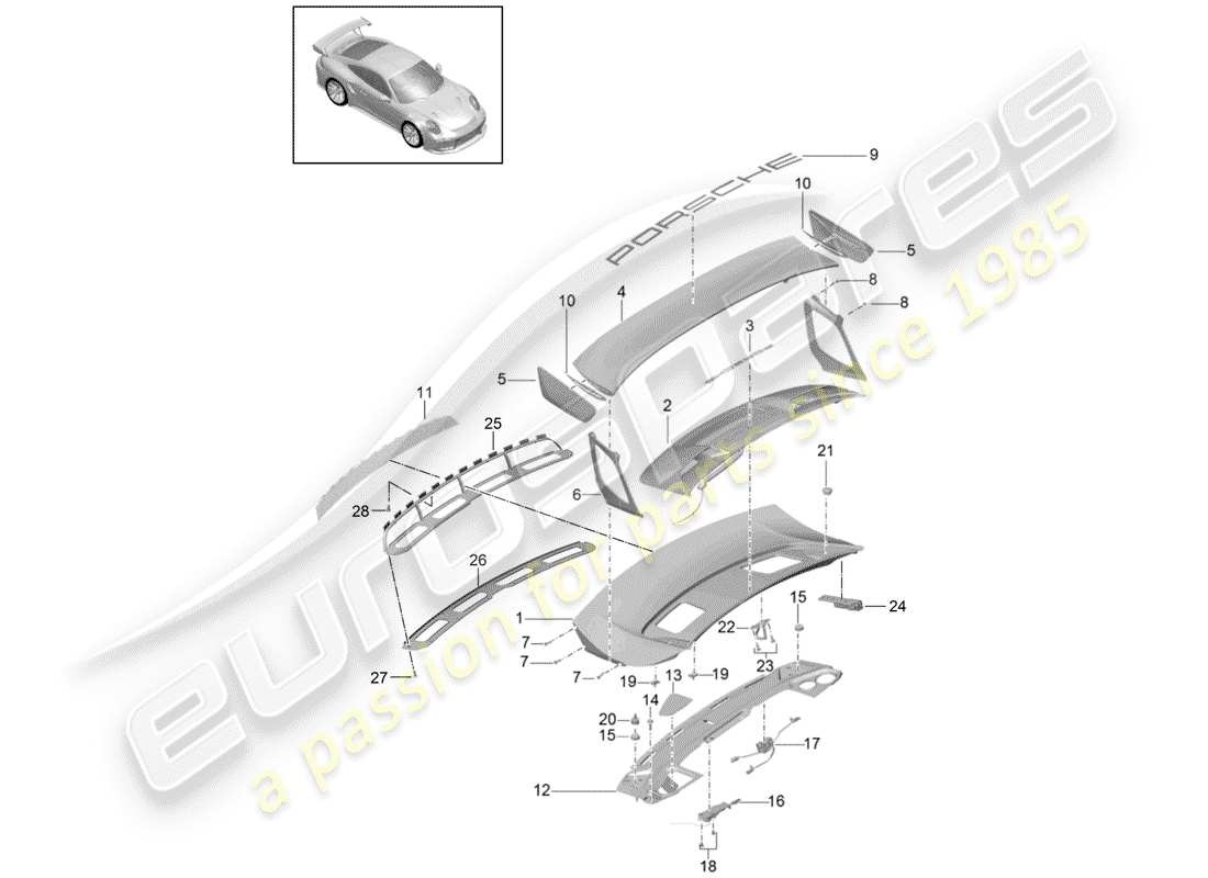 porsche 2016 (991-1 turbo) rear trunk lid part diagram
