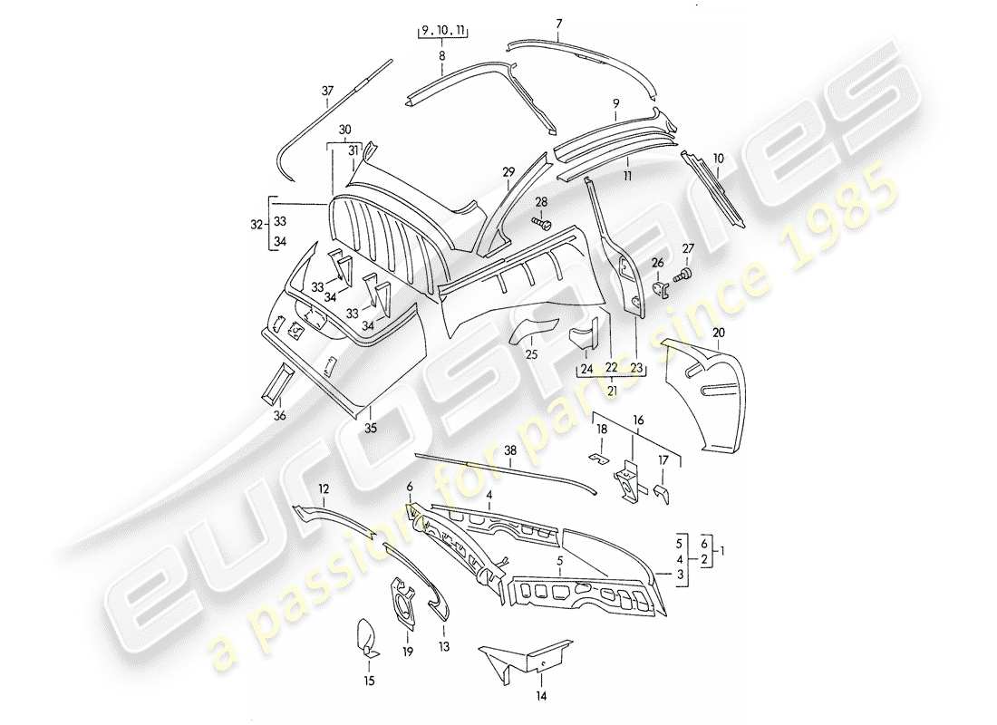porsche 1955 (356/356a) body shell - interior panelling parts diagram