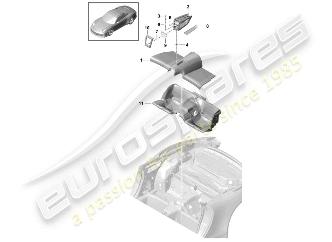 porsche 2020 (991-2 r/gt3/rs) cover rear seat well parts diagram