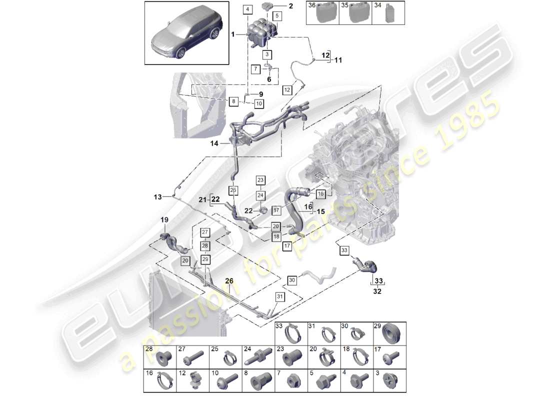 porsche 2018 (cayenne e3 9ya/9yb) coolant cooling system coolant expansion tank coolant pipe part diagram
