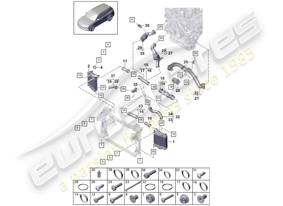 porsche cayenne e3 (2018) charge air cooler parts diagram