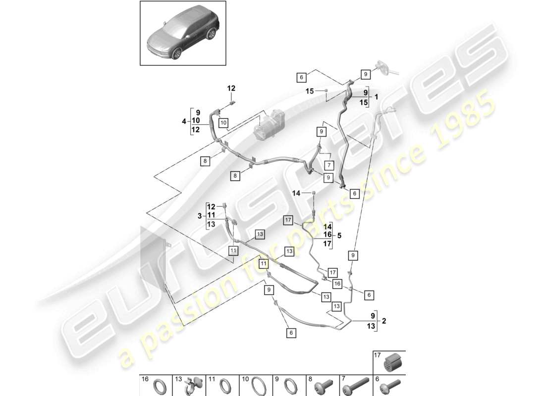 porsche 2019 (cayenne e3 9ya/9yb) refrigerant circuit v8 r134a coolant for vehicles with hybrid drive part diagram