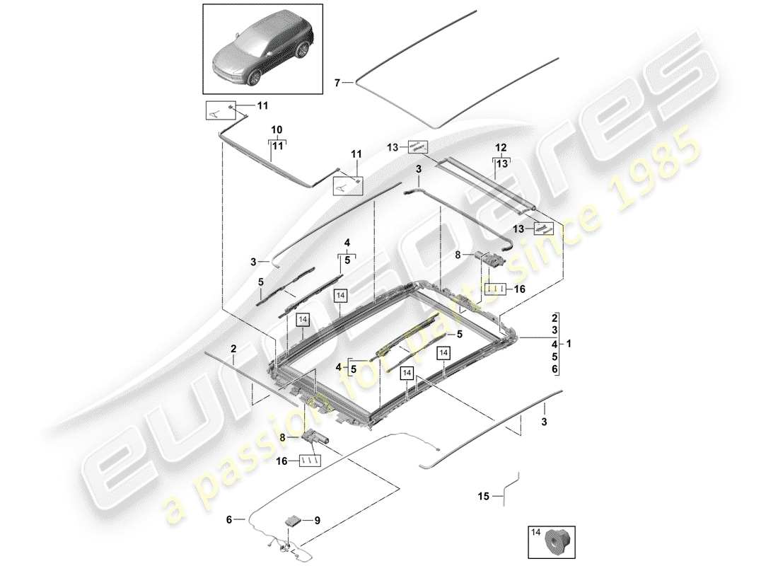 porsche cayenne e3 (2018) glass roof parts diagram
