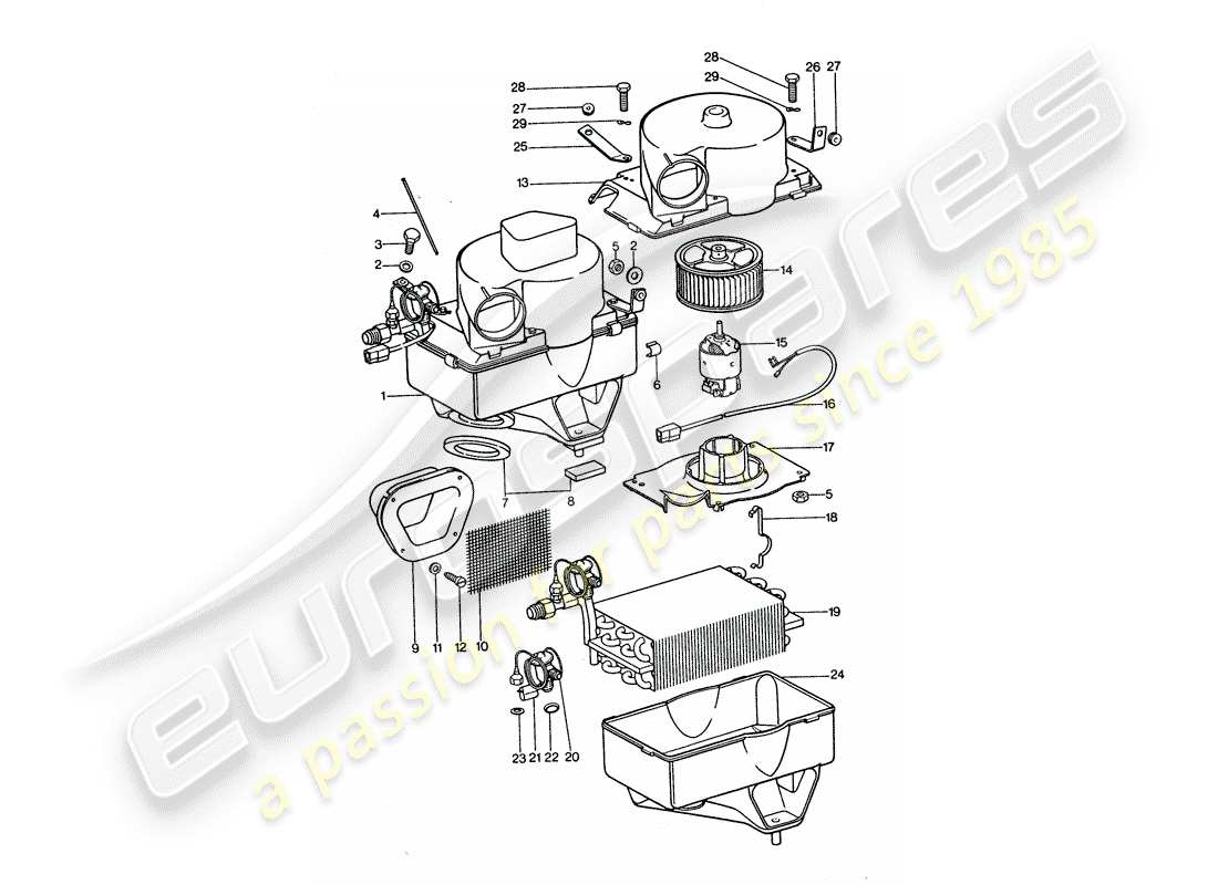 porsche 1977 (911 turbo) air conditioner - evaporator - evaporator housing - accessories part diagram