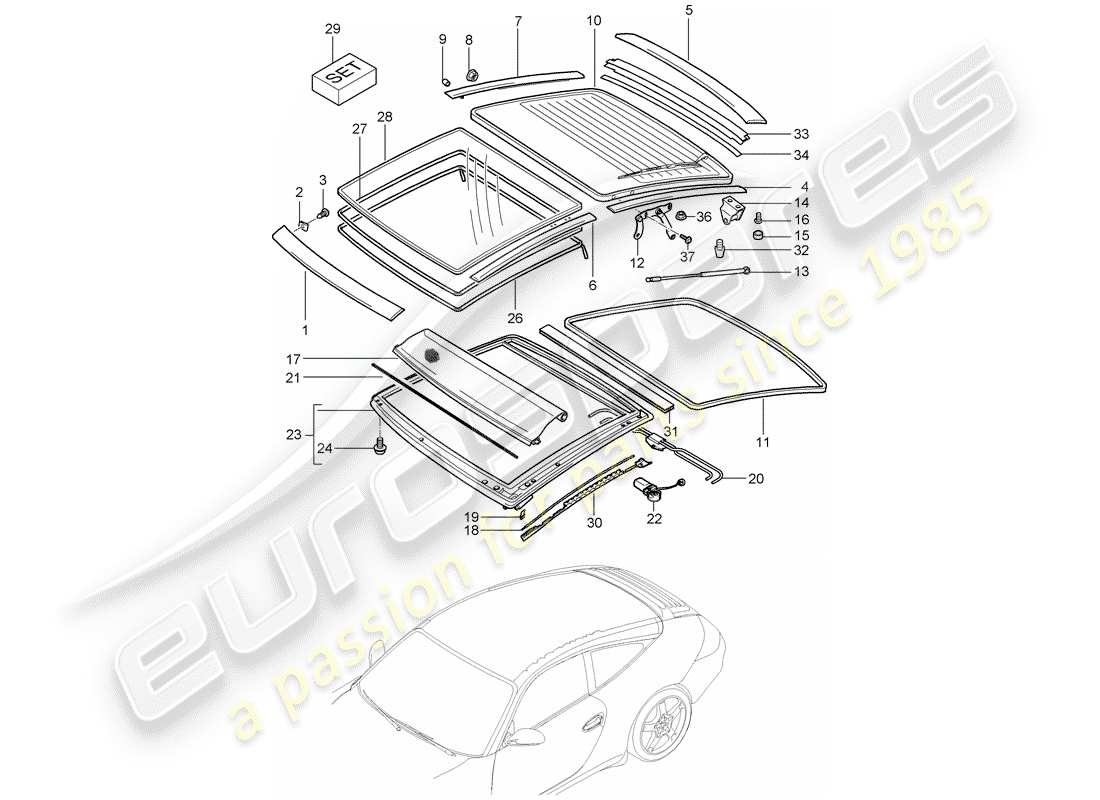 porsche 2012 (997-2) glass roof parts diagram