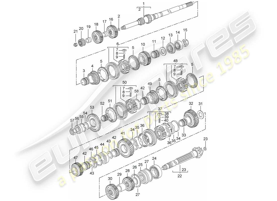 porsche 997 t/gt2 (2008) gears and shafts part diagram