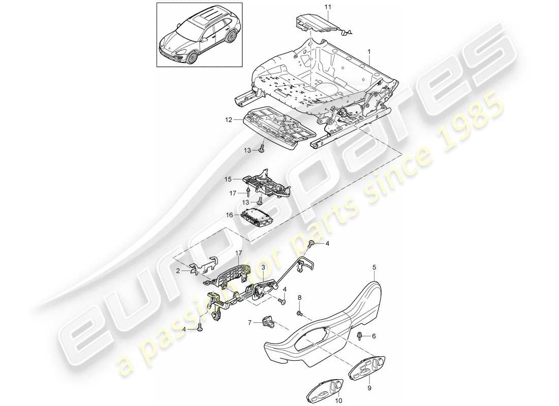 porsche 2017 (cayenne e2 92a) seat frame part diagram