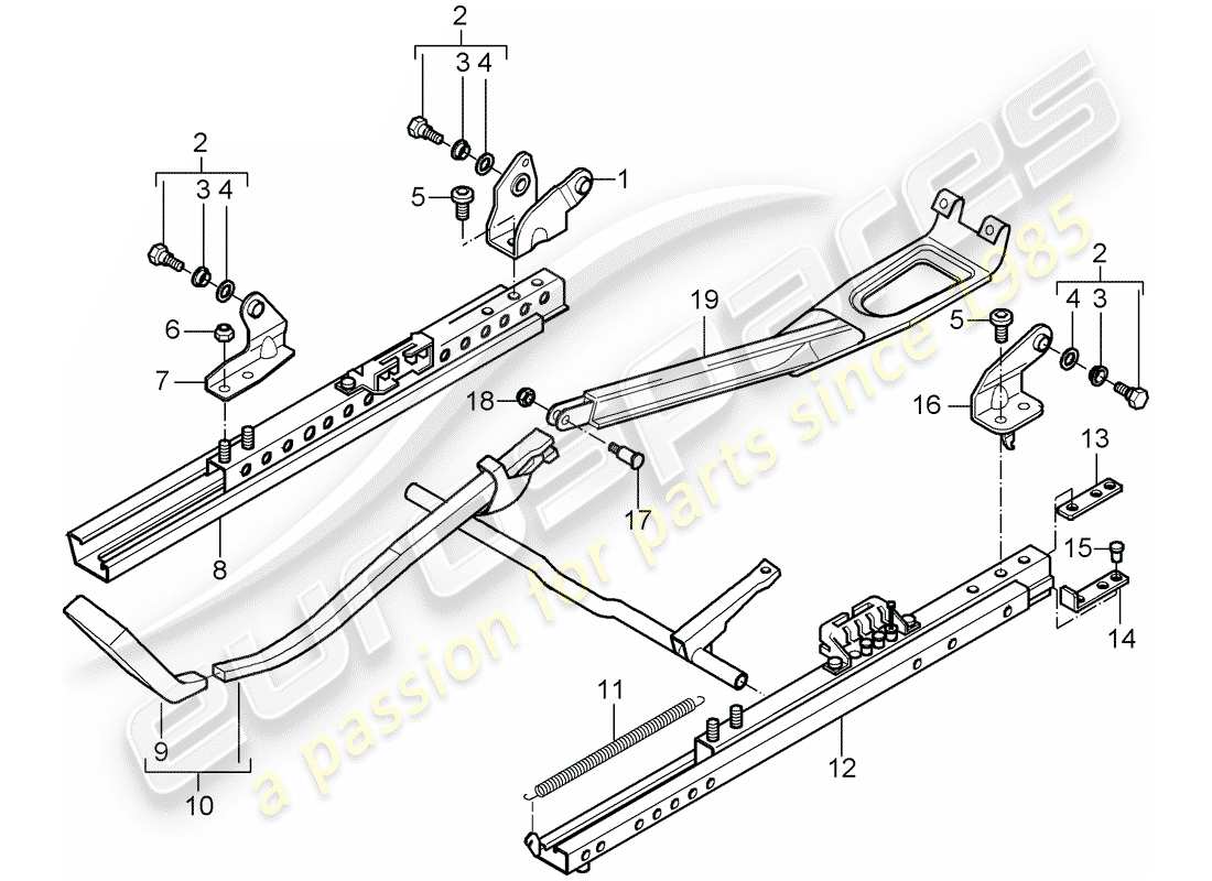 porsche 2000 (996) seat frame - sports seat - without: - adjuster - (height adjustment) part diagram