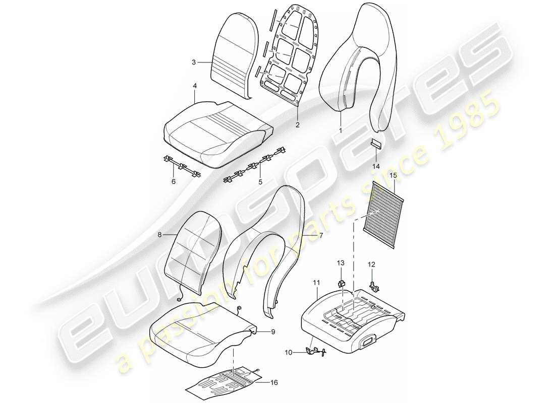 porsche 2000 (996) backrest covers - seat covers - foam part - standard seat - comfort seat part diagram