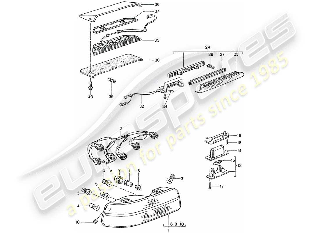 porsche 1993 (968) rear light - license plate light - additional brake light part diagram