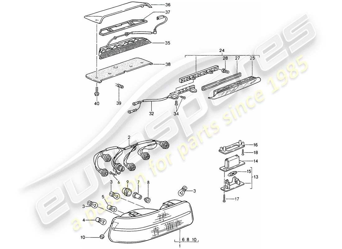 porsche 968 (1995) rear light - license plate light - additional brake light part diagram