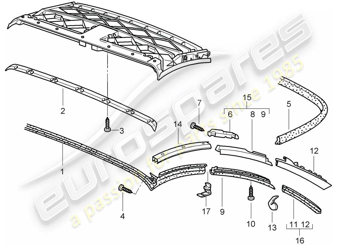 porsche 2000 (996) convertible top - seal strip part diagram