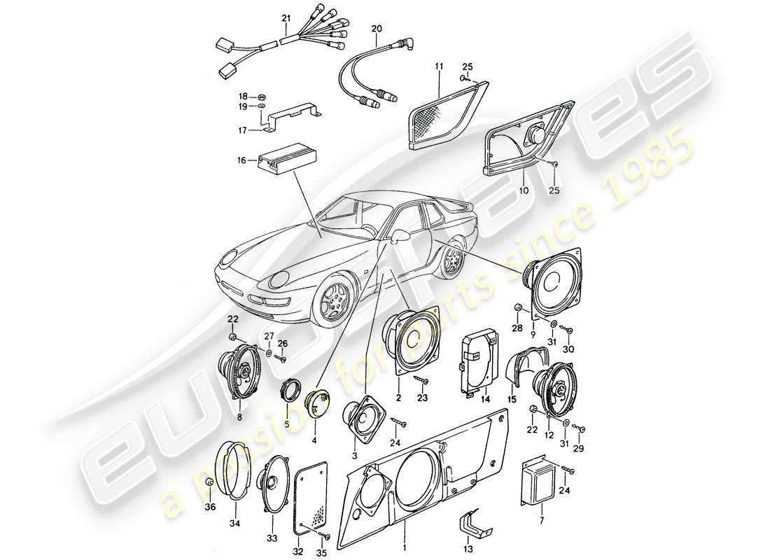 porsche 1995 (968) loudspeaker - sound system - amplifier - d >> - mj 1993 part diagram