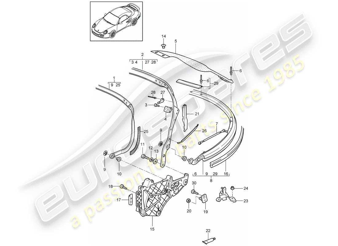 porsche 2009 997-2 turbo / gt2 top frame part diagram