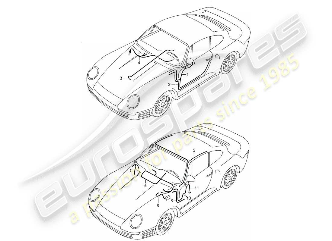porsche 1988 (959) wiring harnesses - body shell - door part diagram