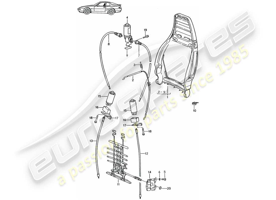 porsche seat 944/968/911/928 (1995) backrest frame - electric - manually - lumbar support - d - mj 1992>> - mj 1995 parts diagram