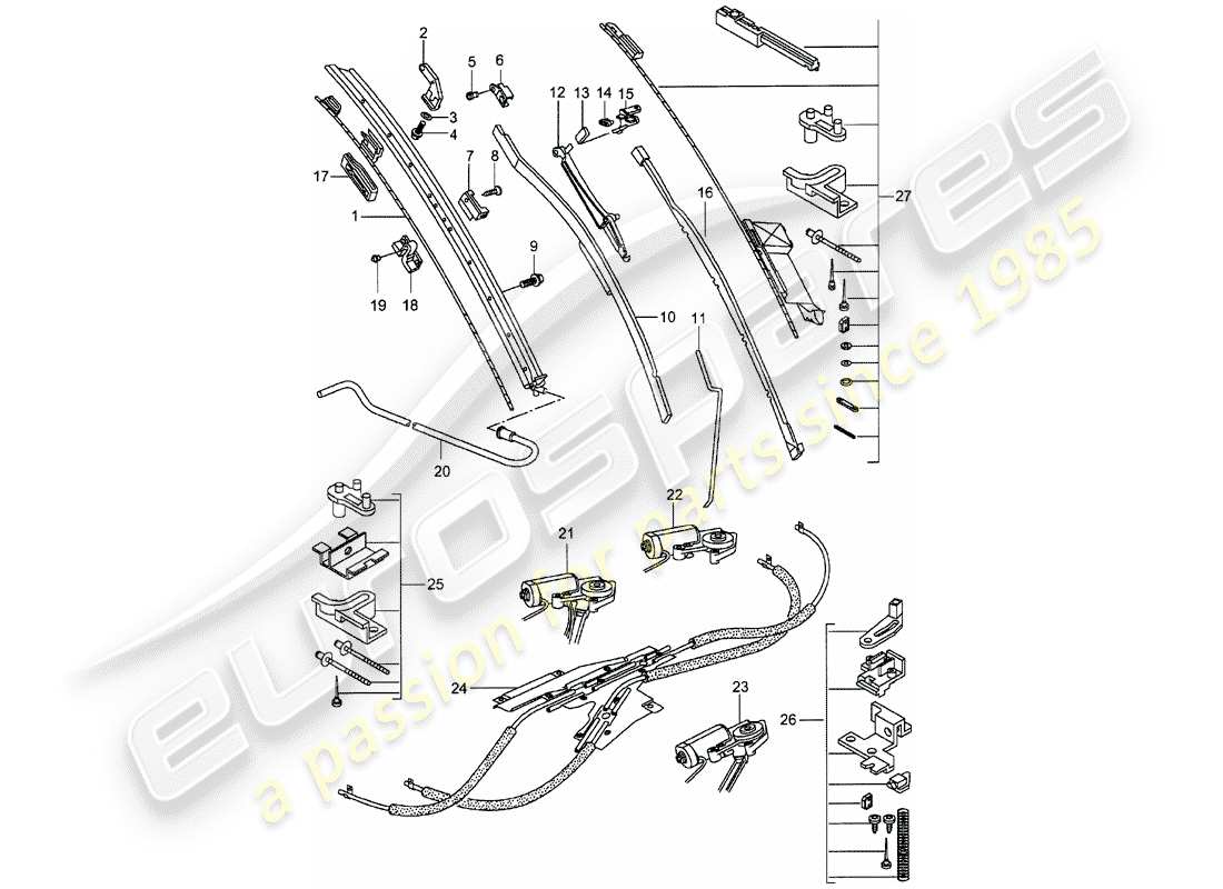 porsche 1996 (993) driving mechanism - glass roof part diagram