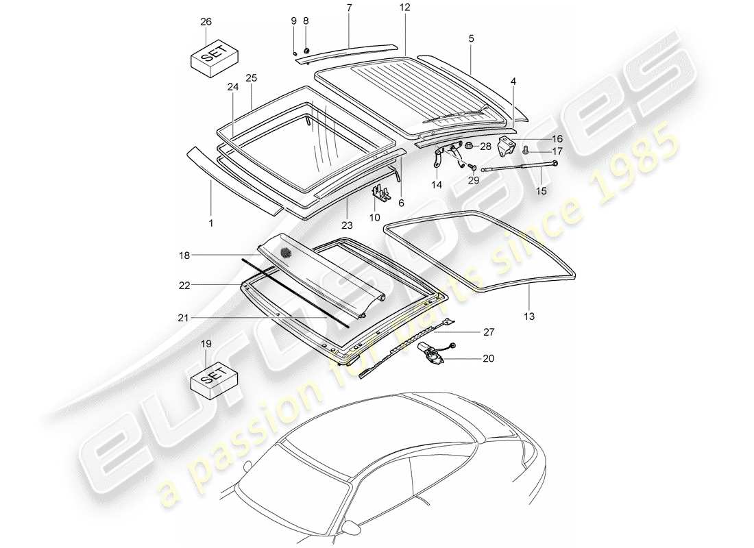 porsche 2002 (996) glass roof - trims parts diagram