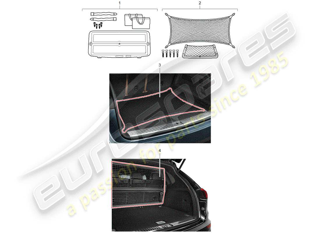 porsche 2019 (tequipment cayenne) cargo net part diagram