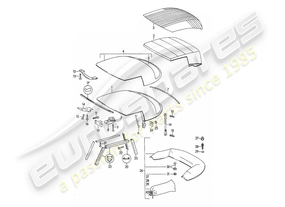 porsche 1963 (356b/356c) convertible top - and - convertible top covering part diagram