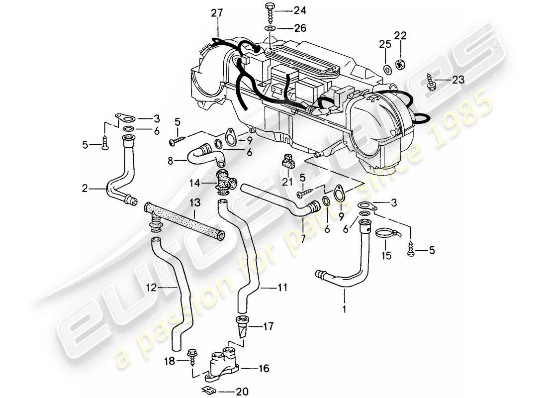 porsche 1997 (993) water drain pipe - mount - harness - heater - air conditioner part diagram