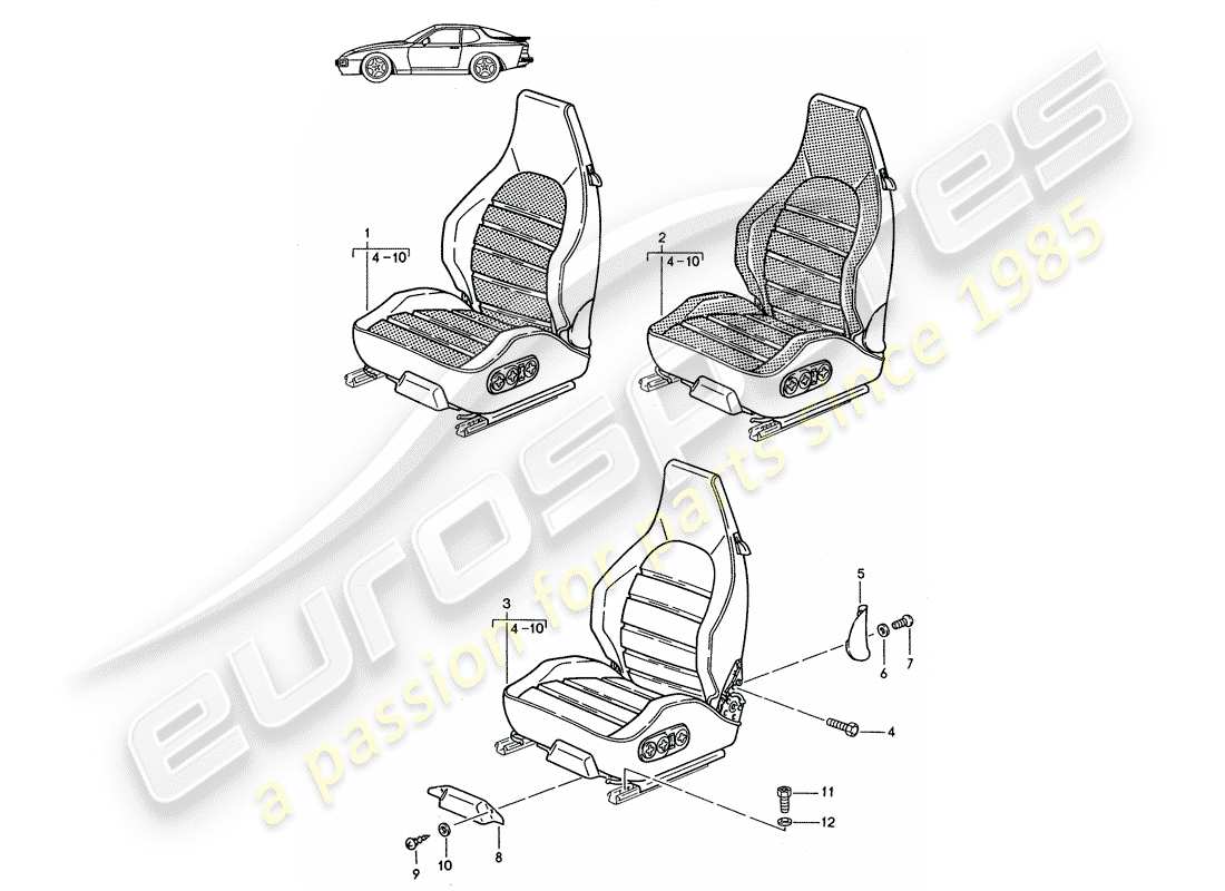 a part diagram from the porsche 1985 (seats for 944/968/911/928) parts catalogue