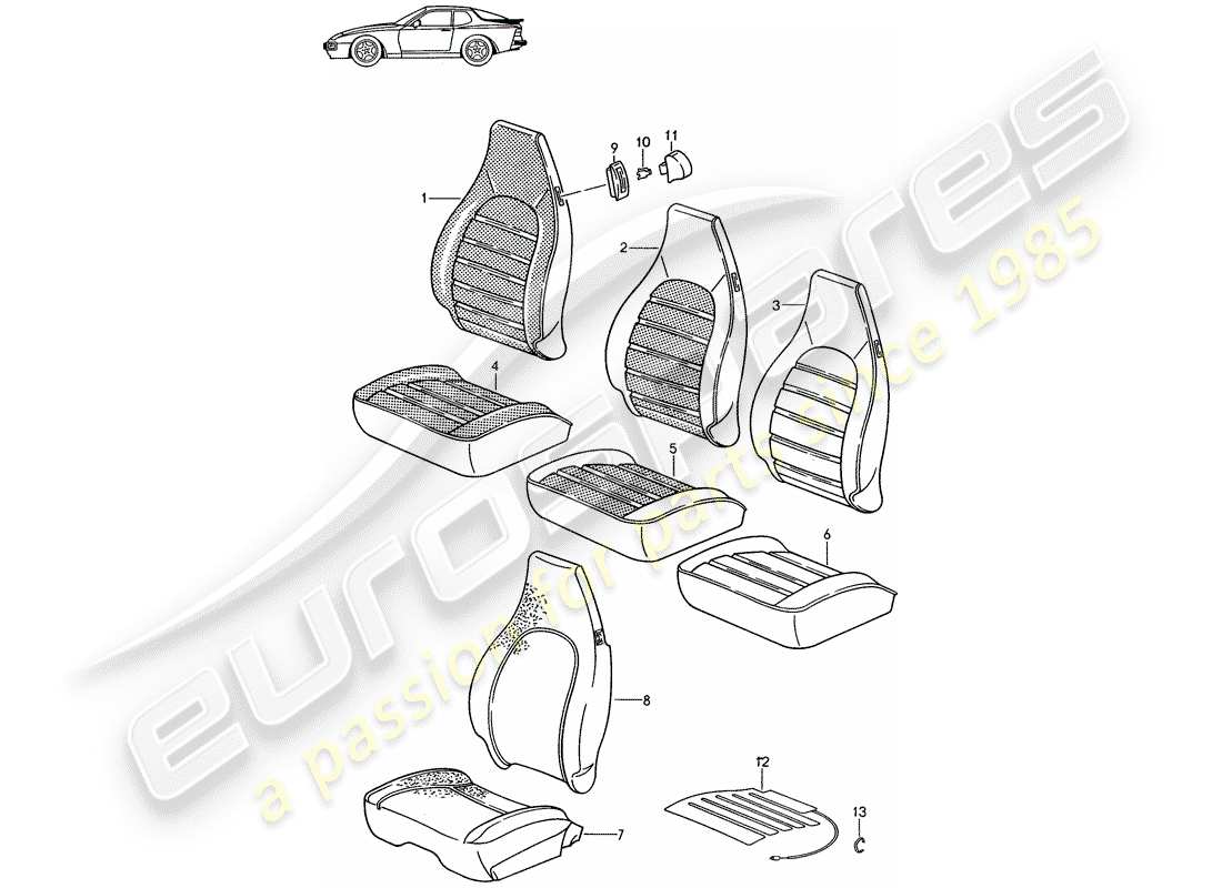 a part diagram from the porsche 1985 (seats for 944/968/911/928) parts catalogue