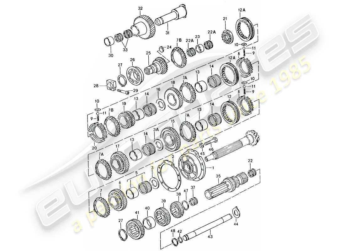 porsche 1992 (928) manual gearbox - gears and shafts part diagram