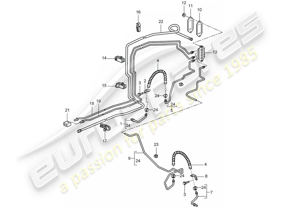 porsche 997 t/gt2 (2008) brake line part diagram