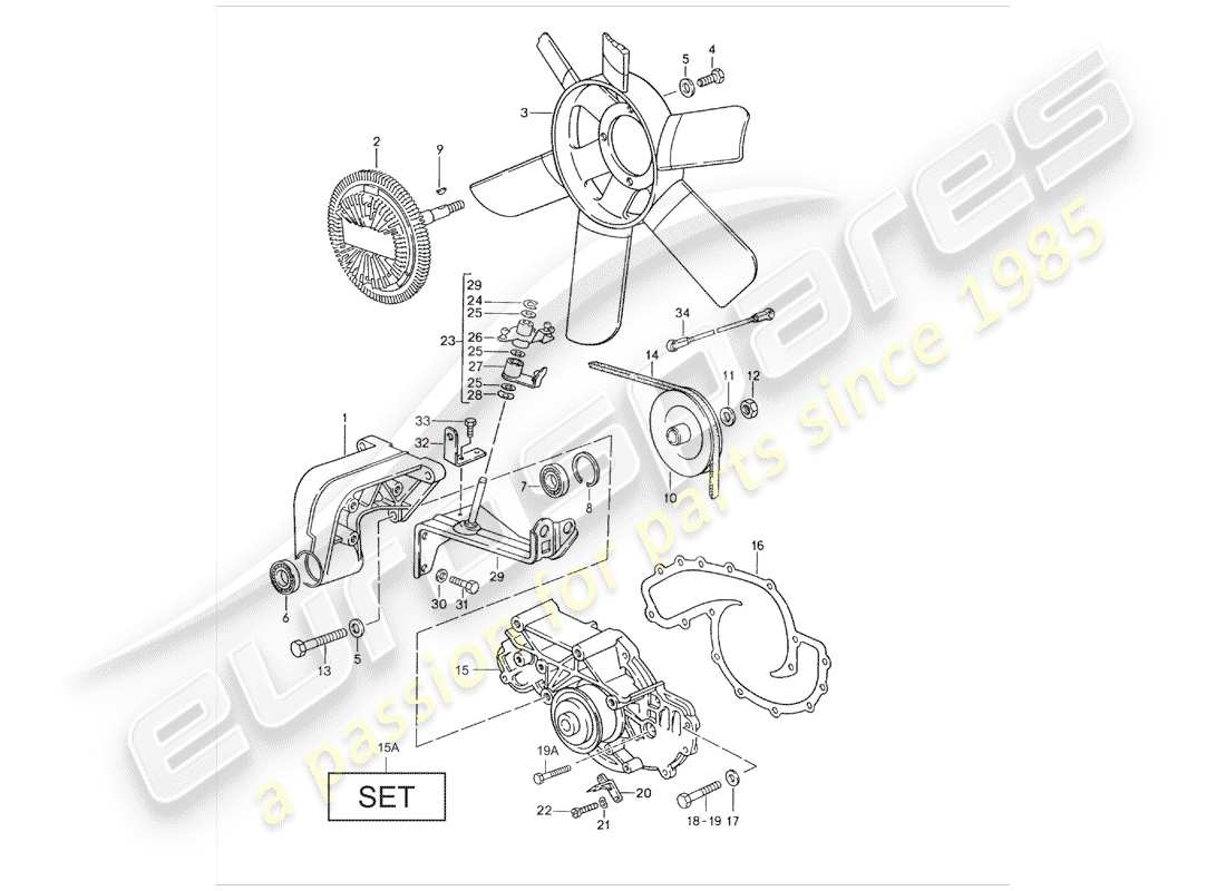 porsche 1983 (928) fan wheel - water pump part diagram