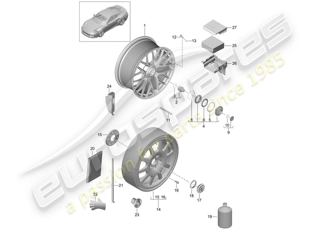 porsche 991 turbo (2014) alloy wheel with part diagram