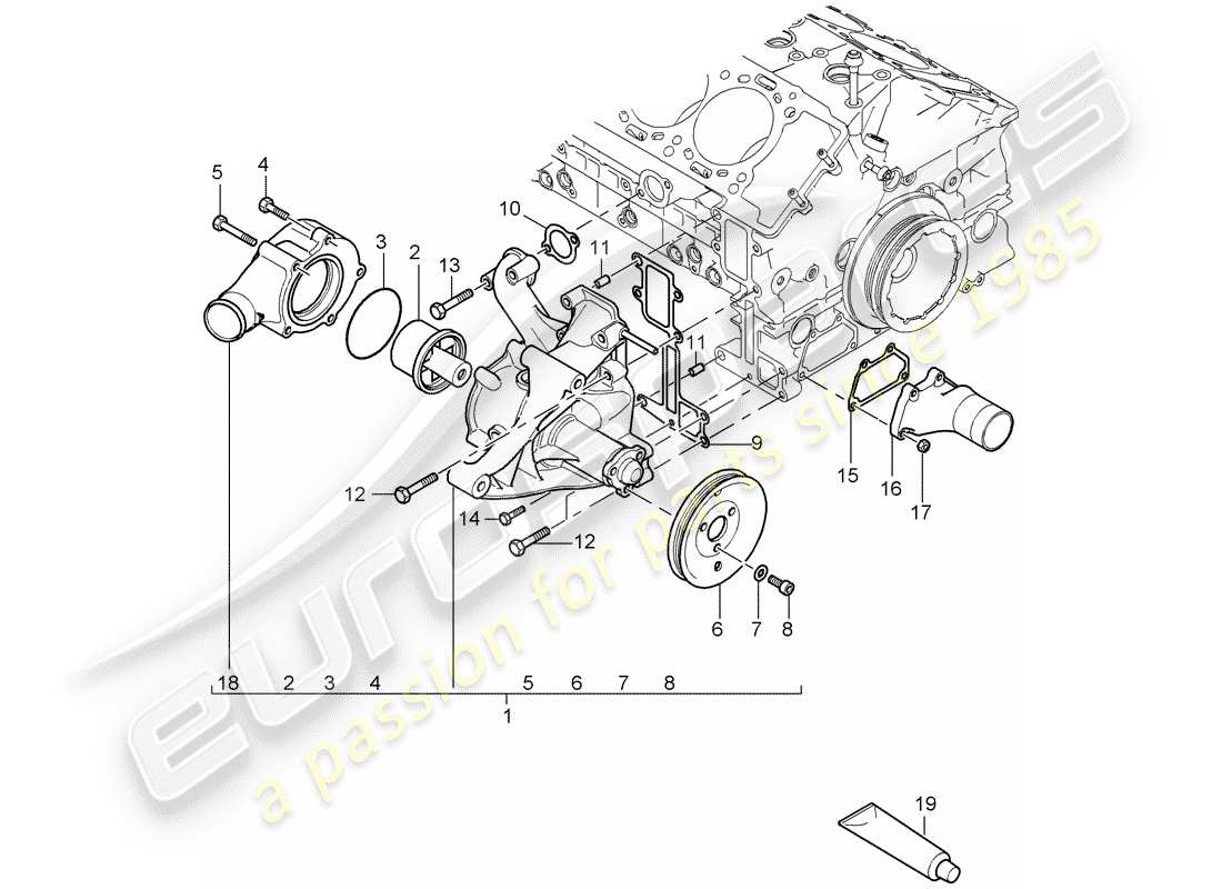 porsche 2005 (carrera gt) water pump - thermostat part diagram