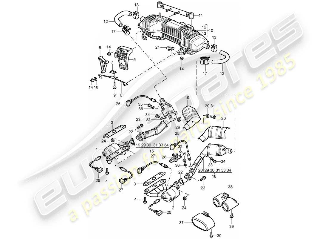 porsche 1998 (986 boxster) exhaust system - m 96.21/22 - m 96.23/24 part diagram